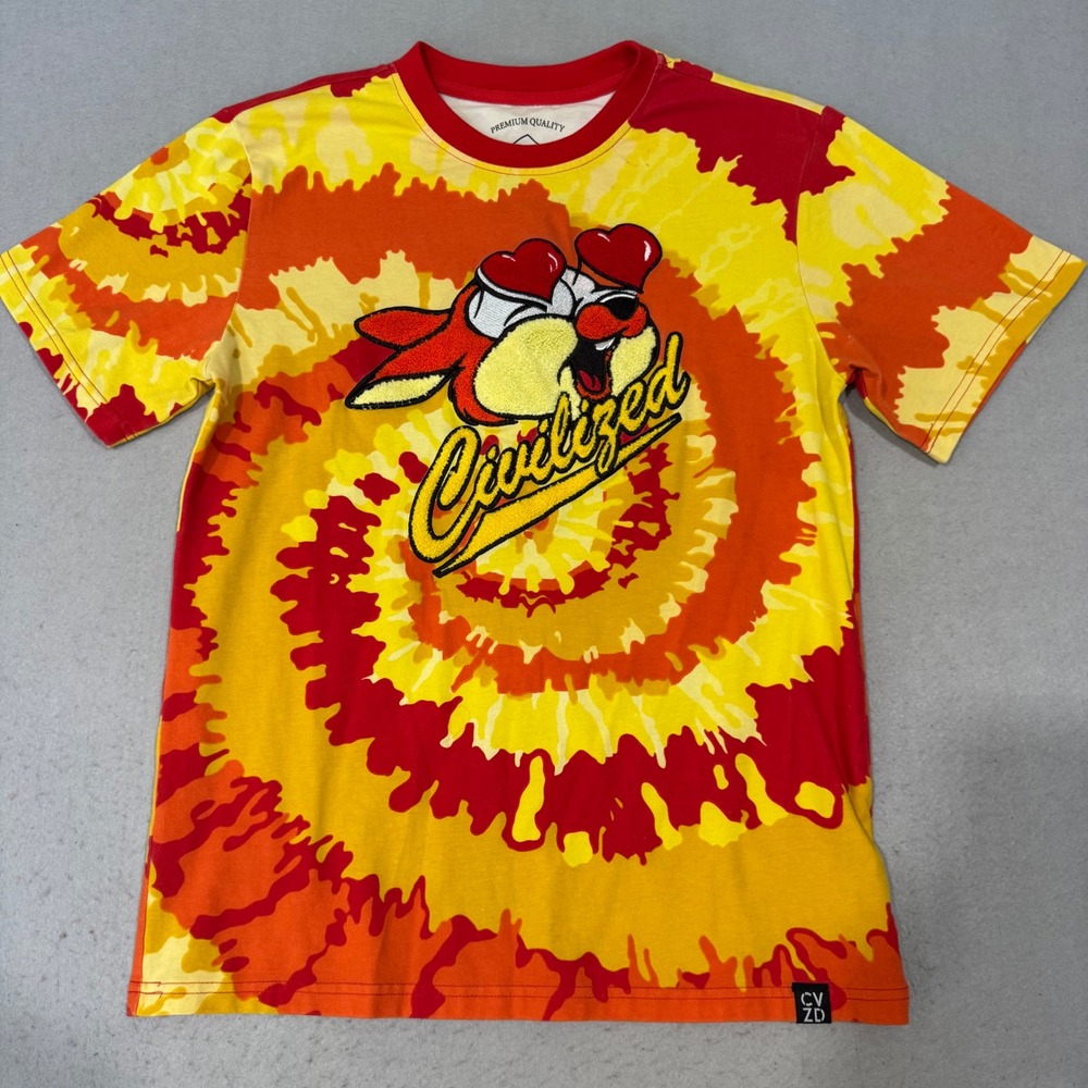 Civilized T-Shirt Mens Small Red Orange Yellow Tie Dye Chenille Patch Graphic